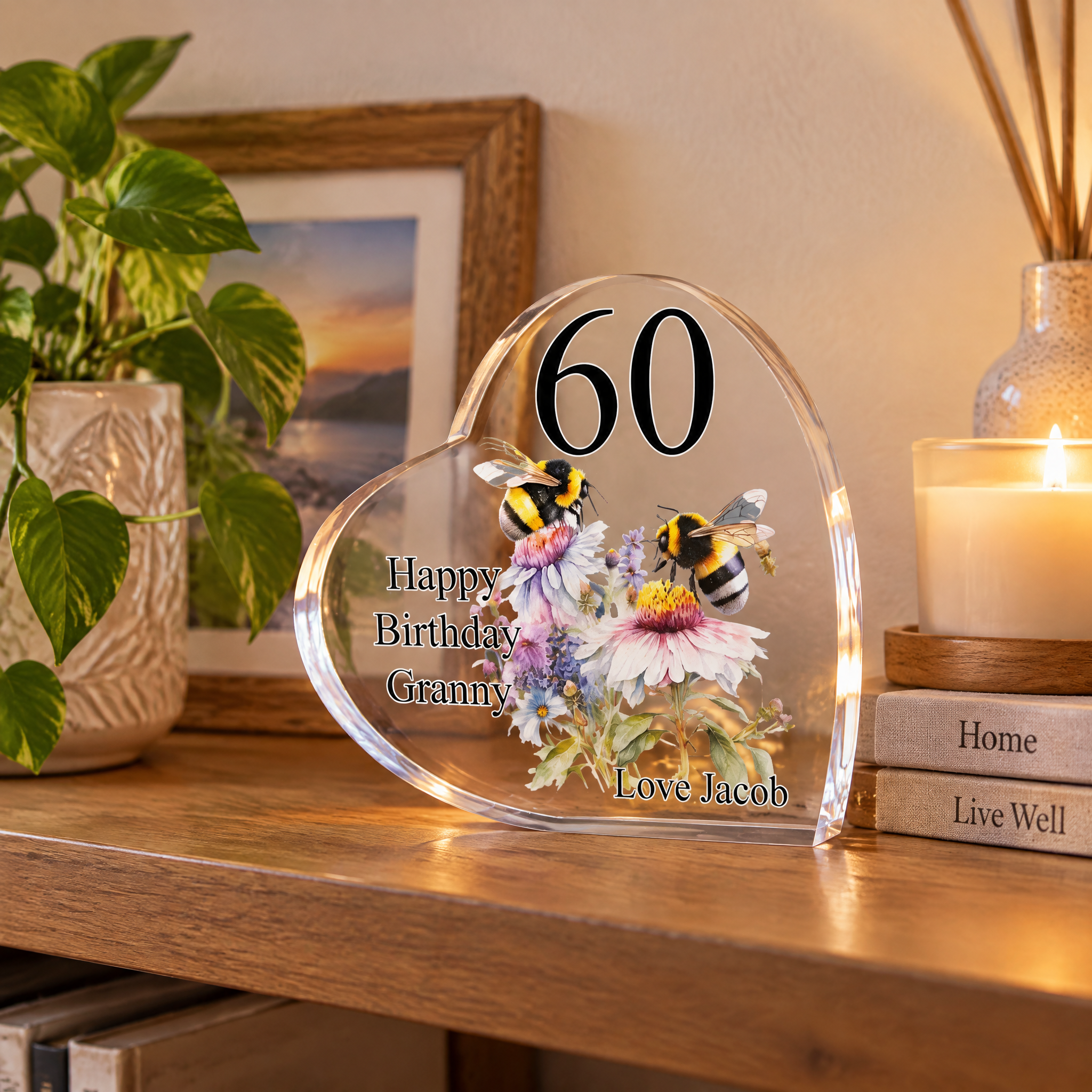 Personalised Birthday Gift, Bumble Bee Heart Block Gift Box 10Cm Personalised Plaque Gift ukgiftstoreonline