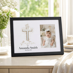 Personalised Baptism Photo Frame, Silver Cross, 6x4 Wooden Keepsake personalised photo frames ukgiftstoreonline