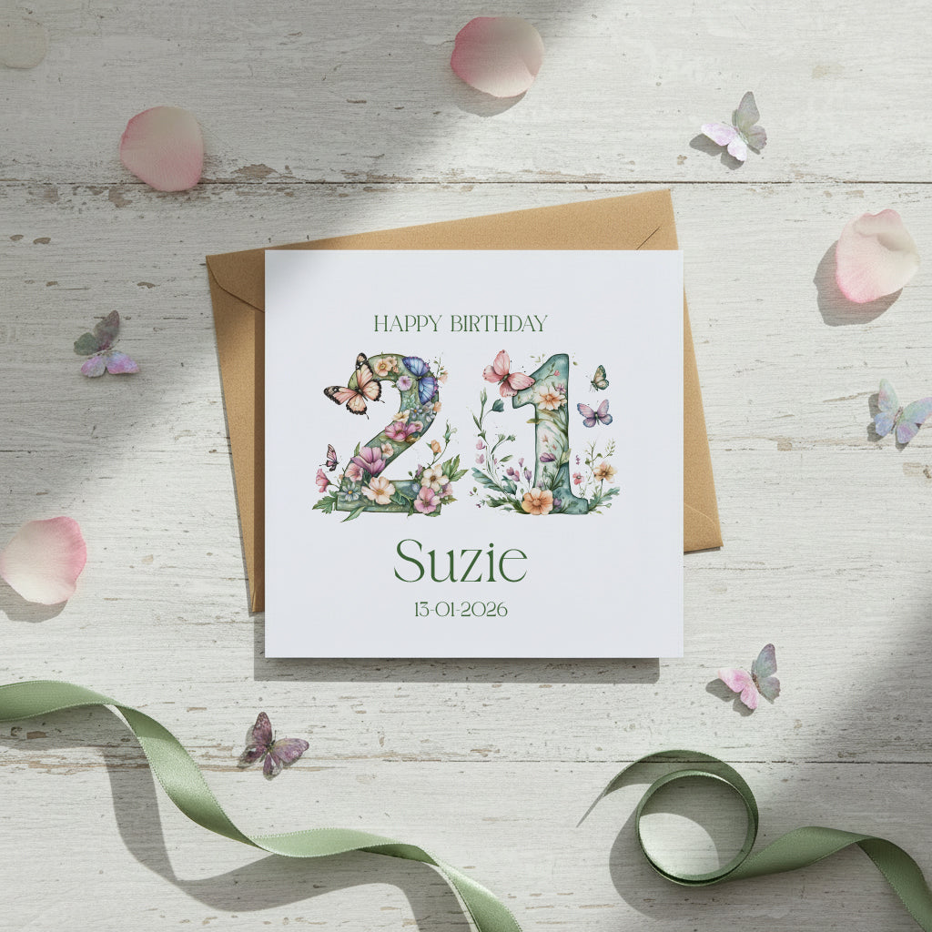 Personalised Luxury Linen 21st Birthday Card, Daughter Granddaughter Sister Niece Friend, Twenty First Birthday, Gift Floral Numbers Personalised Cards ukgiftstoreonline