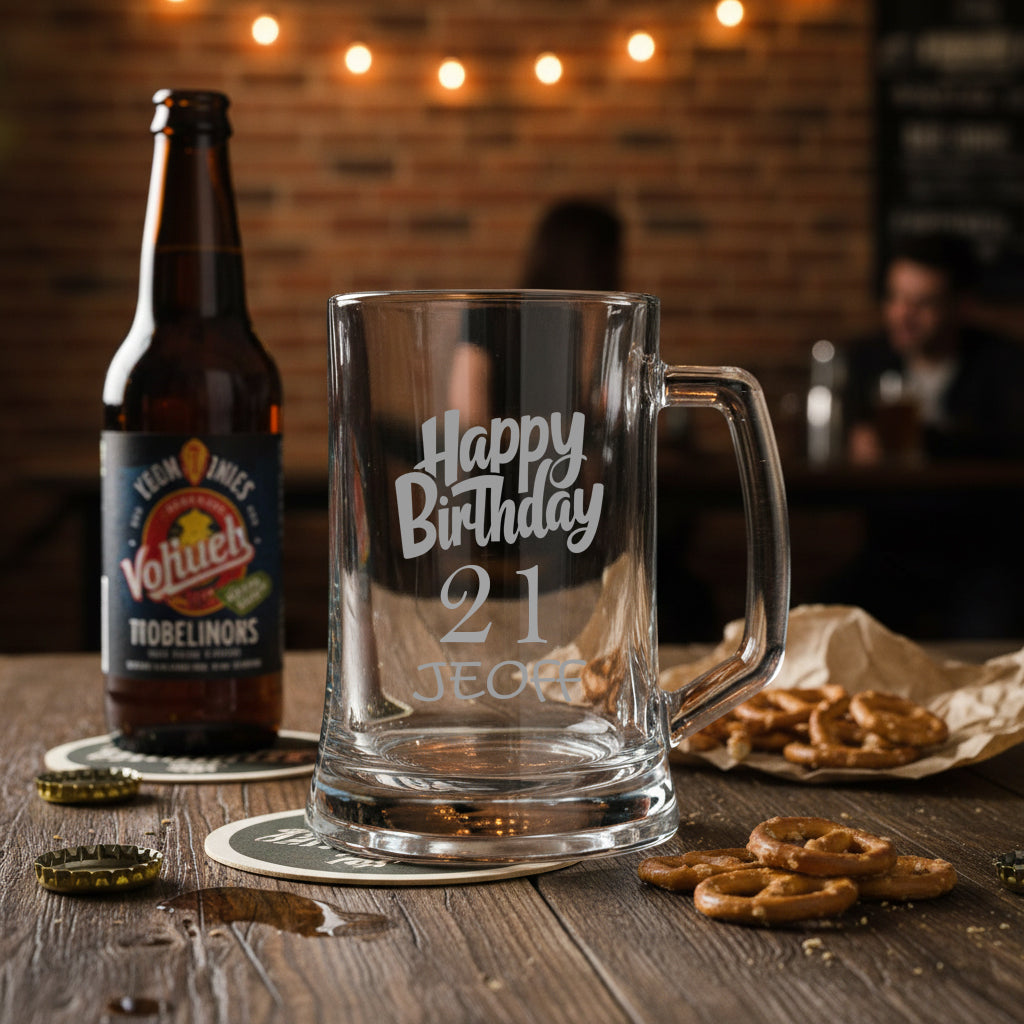 Personalised Engraved Tankard Beer Mug Stein With Happy Birthday Any Age Gift Boxed, 500ml Classic Beer Glass, Any Name personalised beer glasses ukgiftstoreonline 21st Birthday