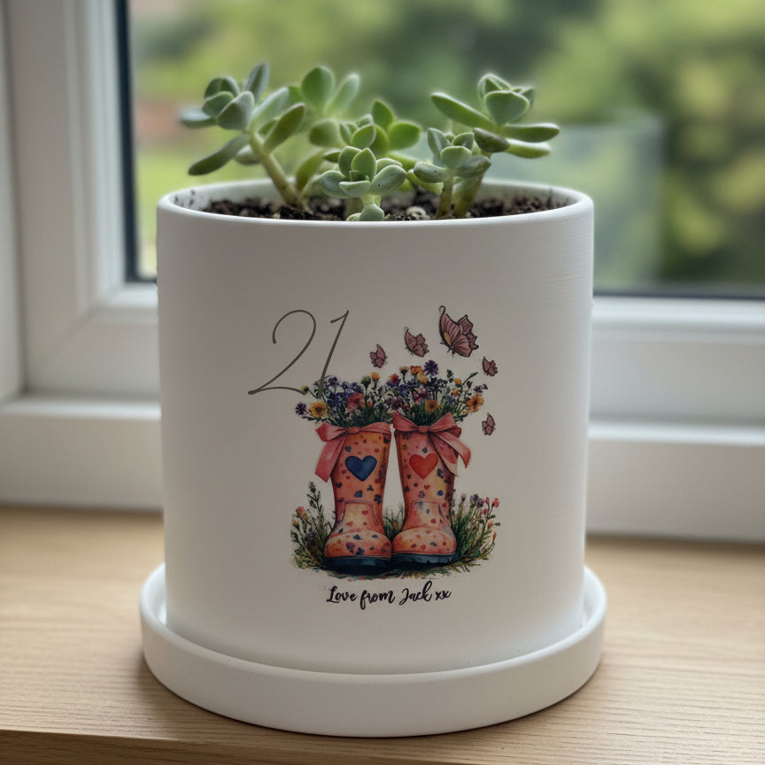Personalised 21st Birthday Plant Pot – Floral Pink Boots Design With Matching Tray ukgiftstoreonline
