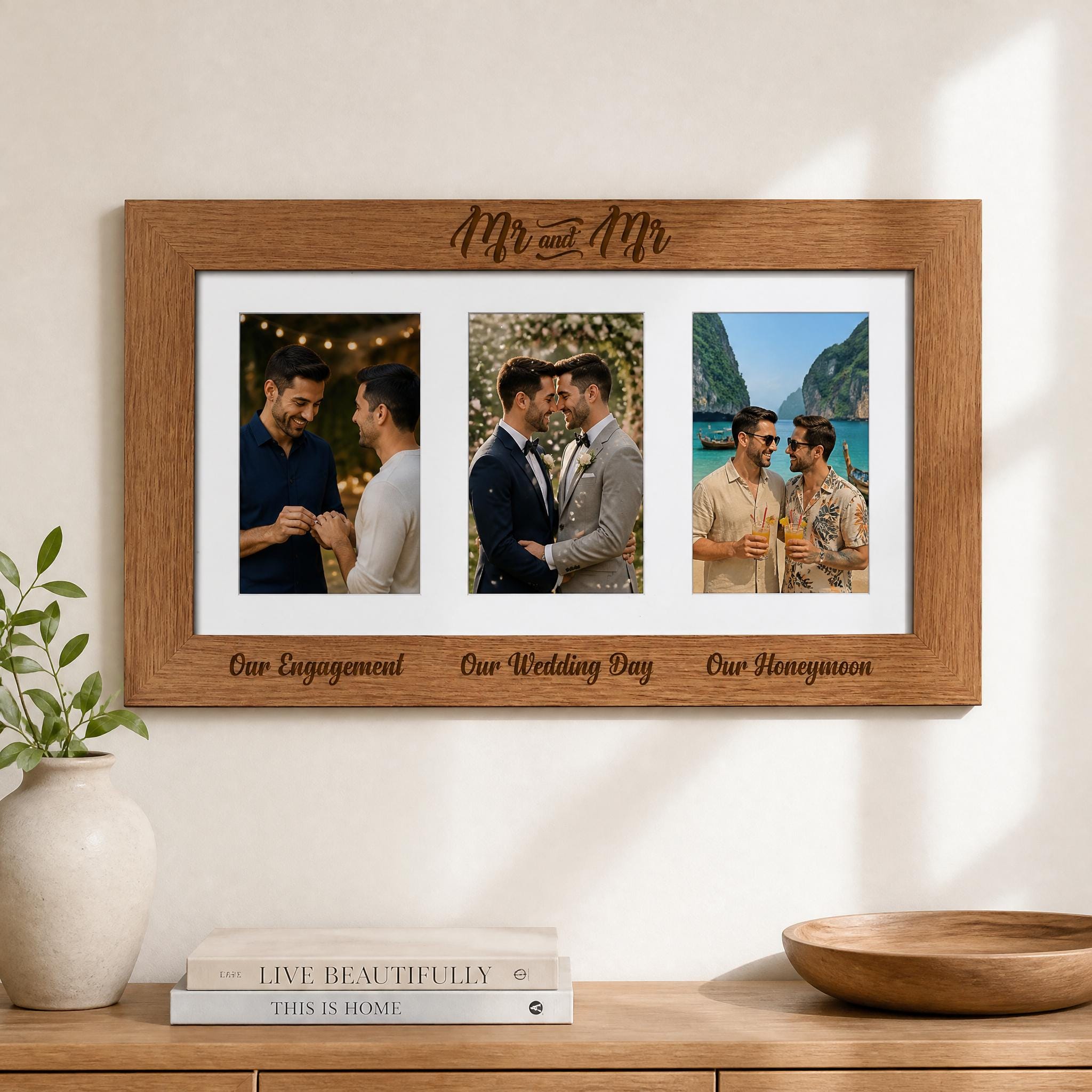 A wooden picture frame with three photographs of men, each depicting a different moment or event. The frame has the text "Mr and Mrs" written on it, indicating that it is a frame for a couple. The photographs show the couple in various settings, such as a garden, a beach, and a restaurant.