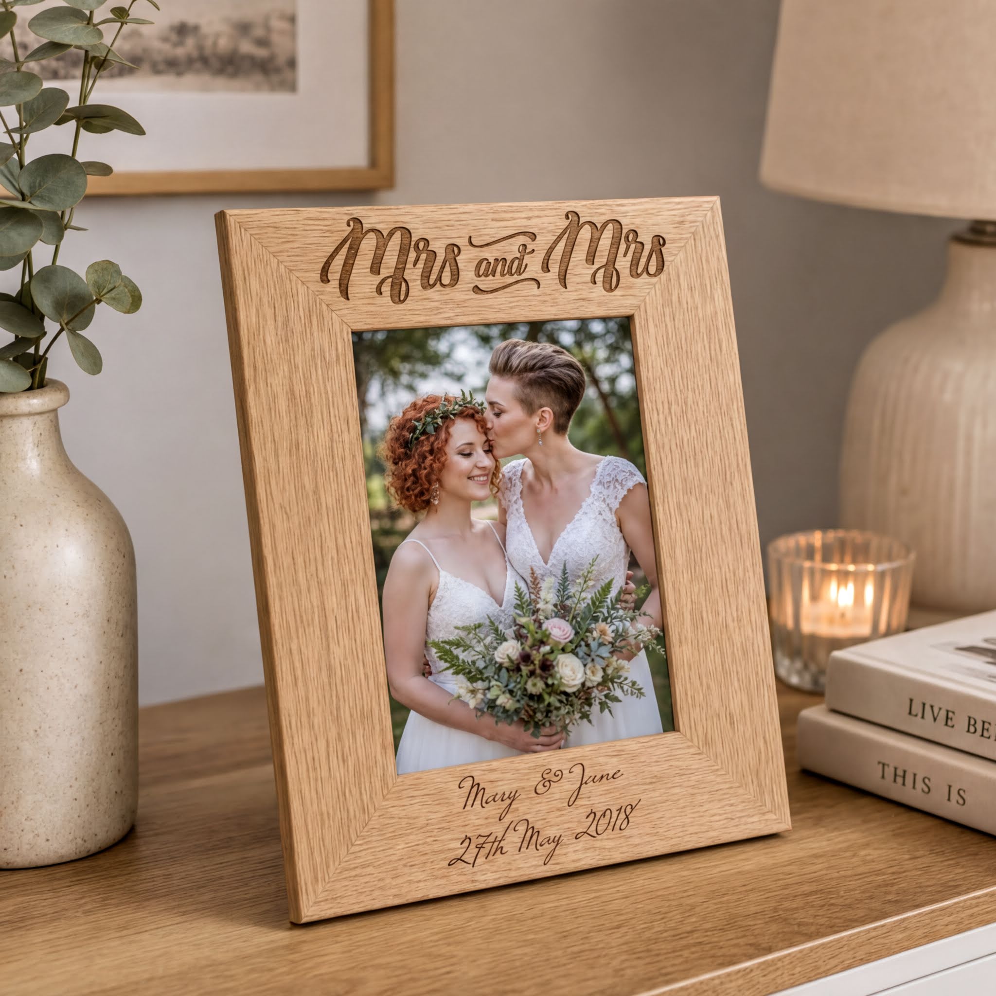 Engraved Wooden Photo Frame – Personalised Mrs and Mrs Wedding Gift Oak Finish wedding photo frame ukgiftstoreonline