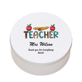 Personalised Teacher Gift Cake Or Cookie Tin With Pencils and Apples