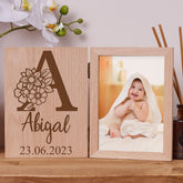 Personalised Floral Initial Baby Book Photo Frame Solid Oak Wood Gift