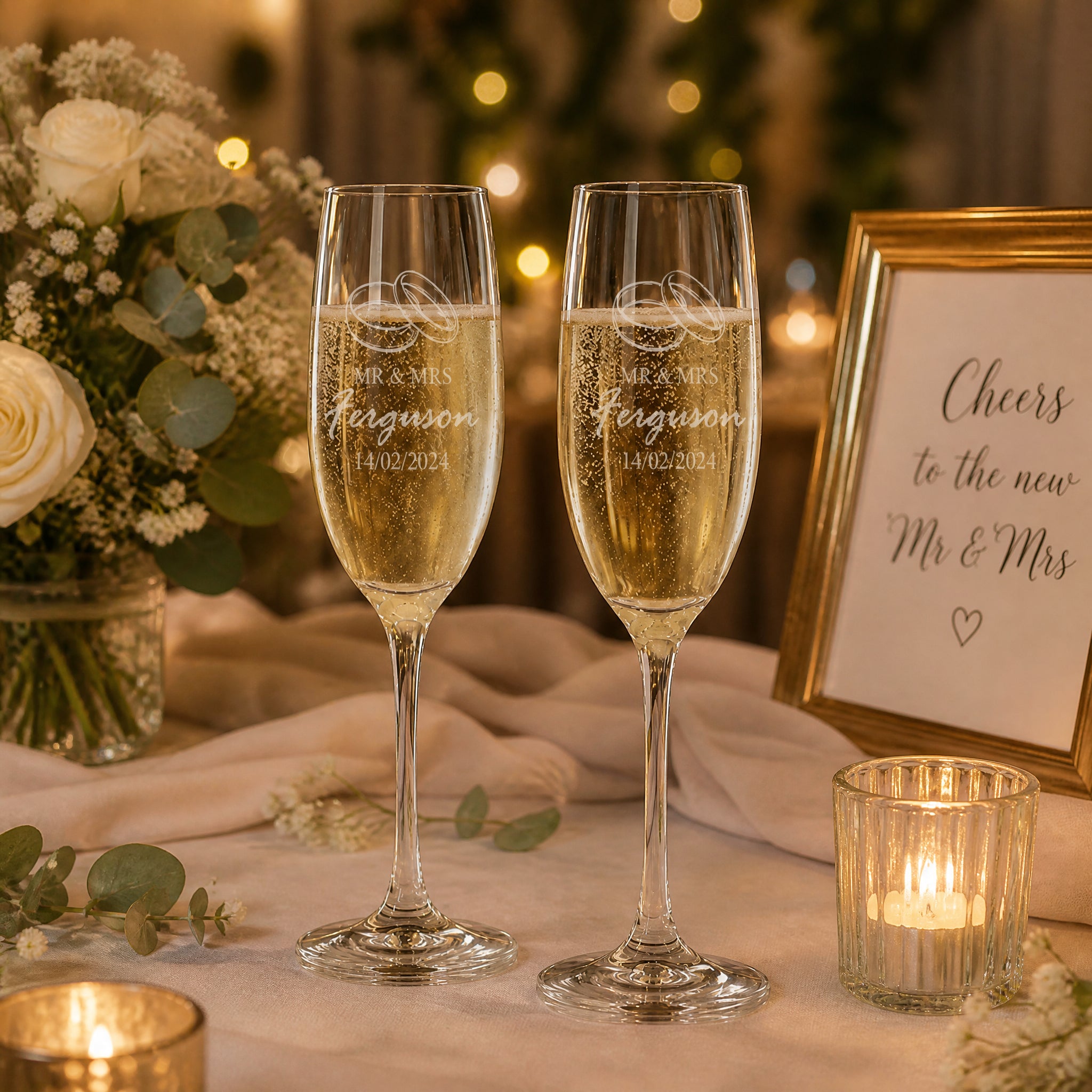 Personalised Engraved Wedding Champagne Glasses Set With Ring Emblem Personalised Champagne Glasses ukgiftstoreonline