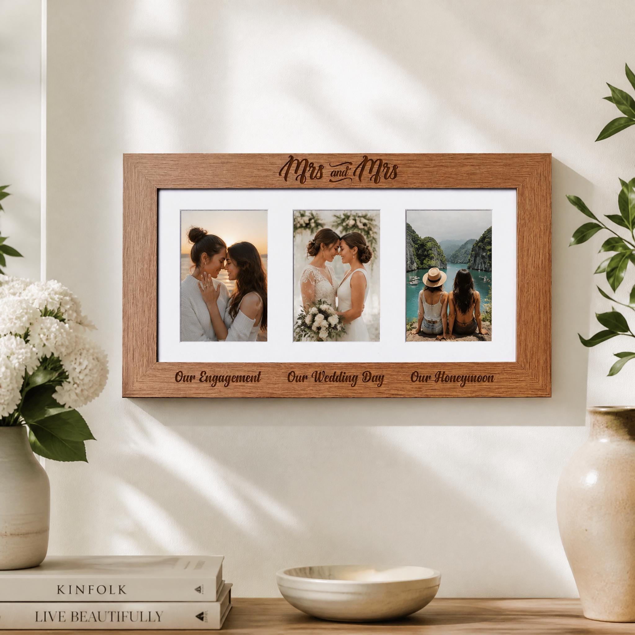 A wooden picture frame with three photographs of people, including a bride and groom, is displayed on a wall.