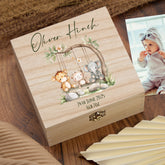 Personalised Wooden Baby Keepsakes Memory Box Gift With Animals On Swing