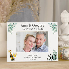 Personalised 50th Anniversary Wooden White Photo Frame Gift With Leaves and Champagne