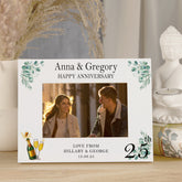 Personalised 25th Anniversary Wooden White Photo Frame Gift With Leaves and Champagne