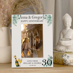 Personalised 30th Anniversary Wooden White Photo Frame Gift With Leaves and Champagne
