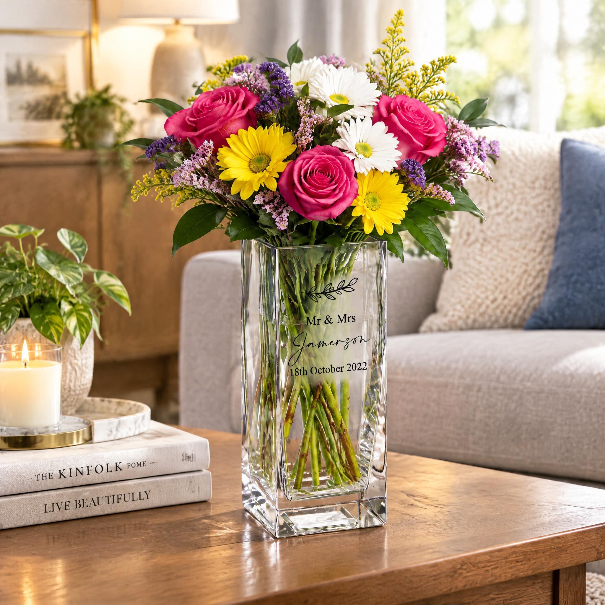 A clear glass vase filled with a colorful bouquet of pink roses, yellow daisies, and purple gerbera daisies sits on a wooden table. The vase has a personalized message that reads "Mr & Mrs. Jameson 18th October 2012".