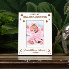 Personalised Great Granddaughter White Engraved Wooden Photo Frame Gift