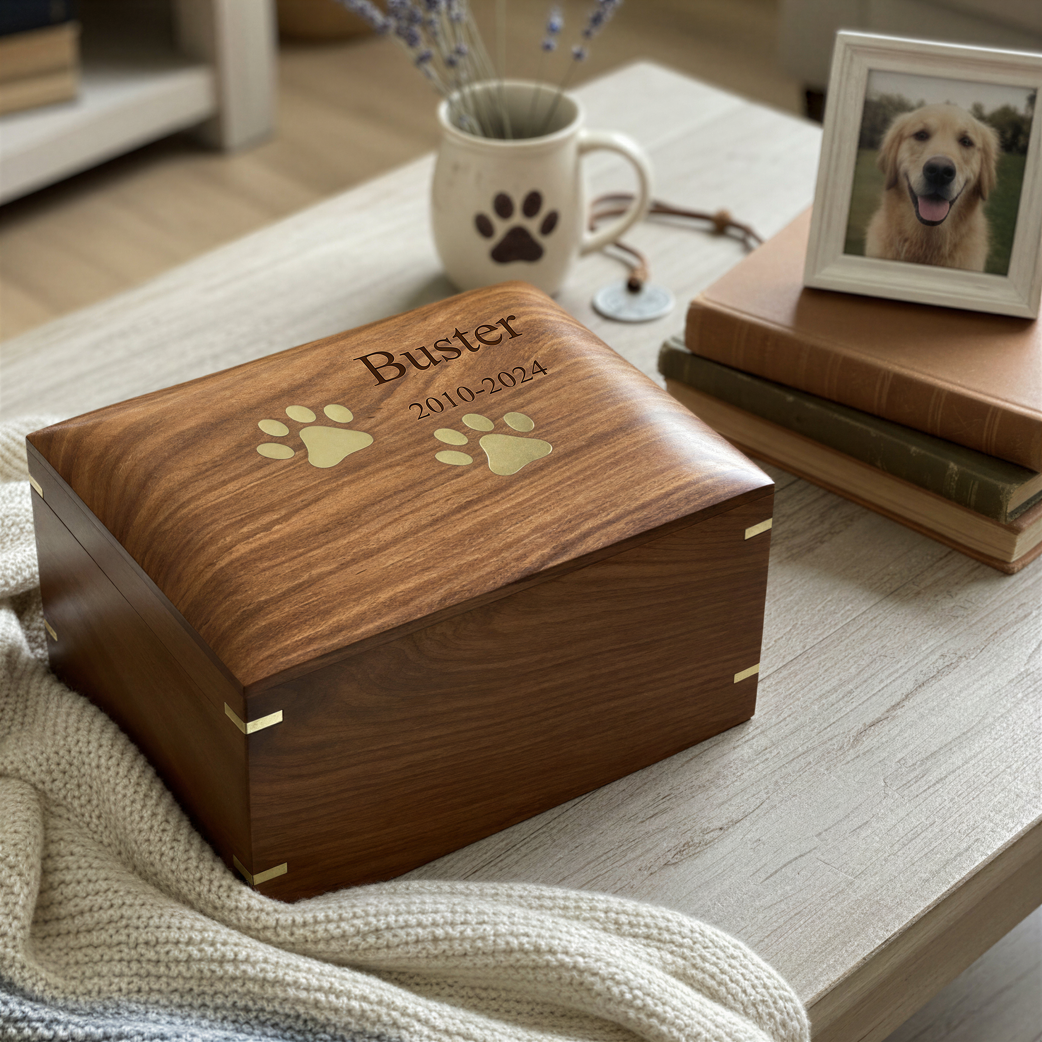 Large Personalised Handmade Wooden Pet Urn Box For Dogs With Brass Paw Inlays ukgiftstoreonline
