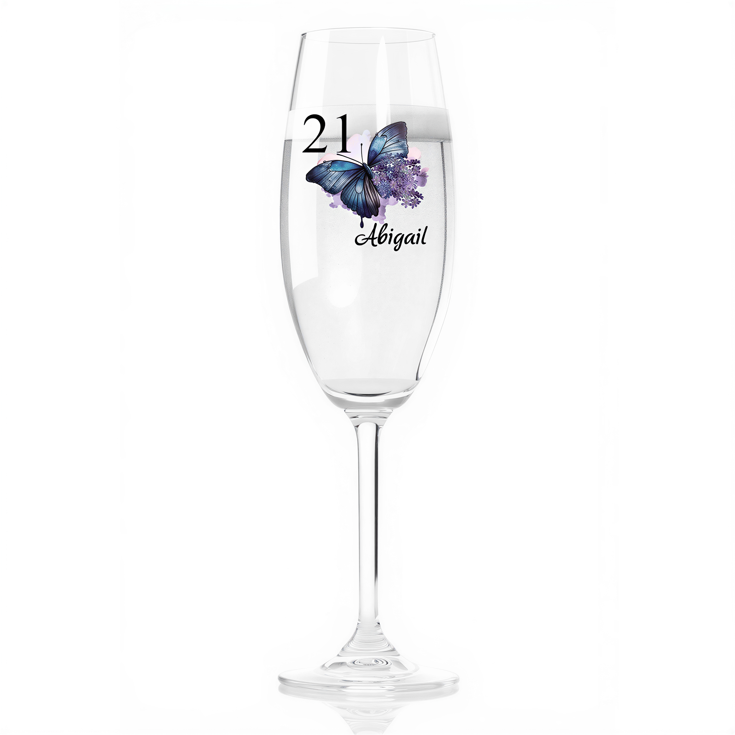 A clear glass with a butterfly design and the number 21 printed on it.