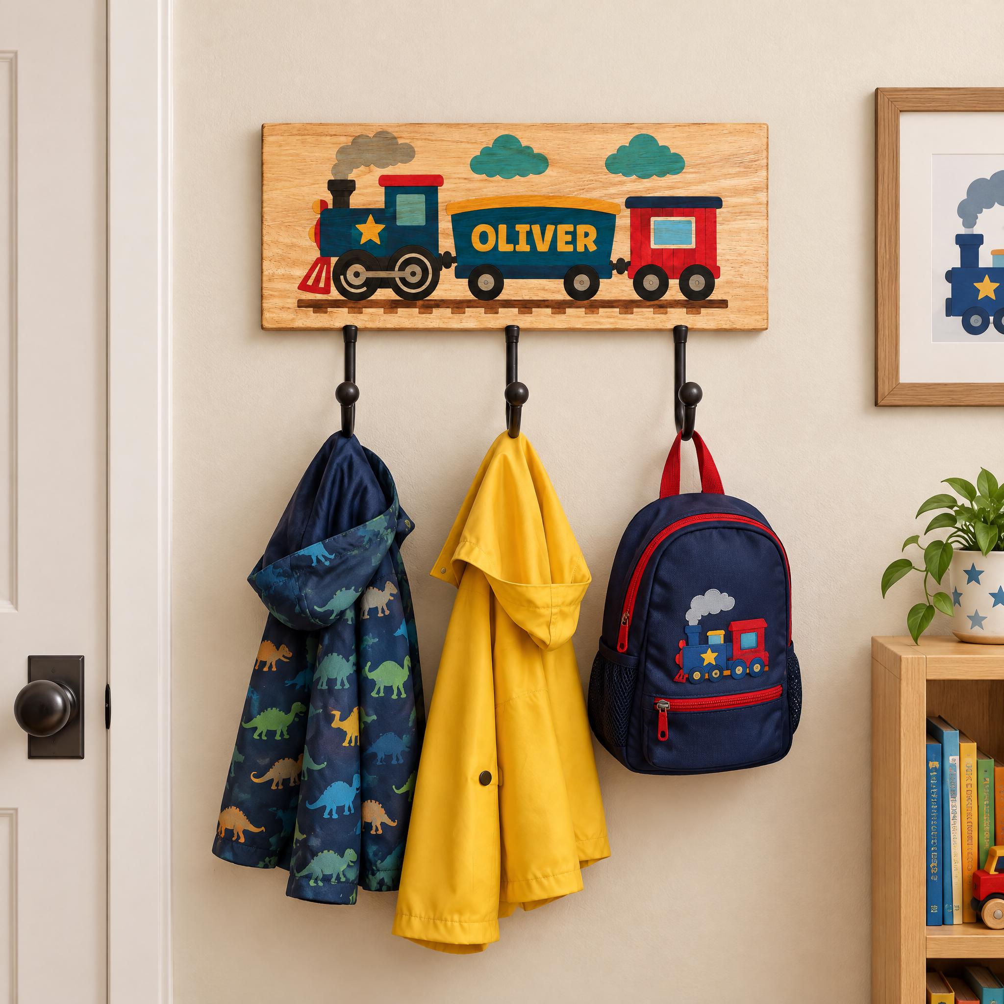 A wooden coat rack with three hooks, displaying a train-themed coat rack with a nameplate that says "OLIVER". The coat rack also holds a blue backpack and a yellow raincoat.