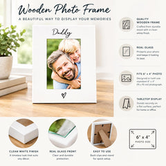 The image is an advertisement for a wooden photo frame, highlighting its features and benefits for displaying memories.