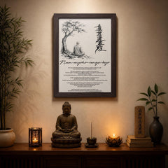 a serene and tranquil indoor setting with a wooden shelf displaying various objects, including a Buddha statue, a candle, and a book. Above the shelf, there is a framed poster with a Buddhist quote and a tree illustration. The overall scene conveys a sense of peace and mindfulness.