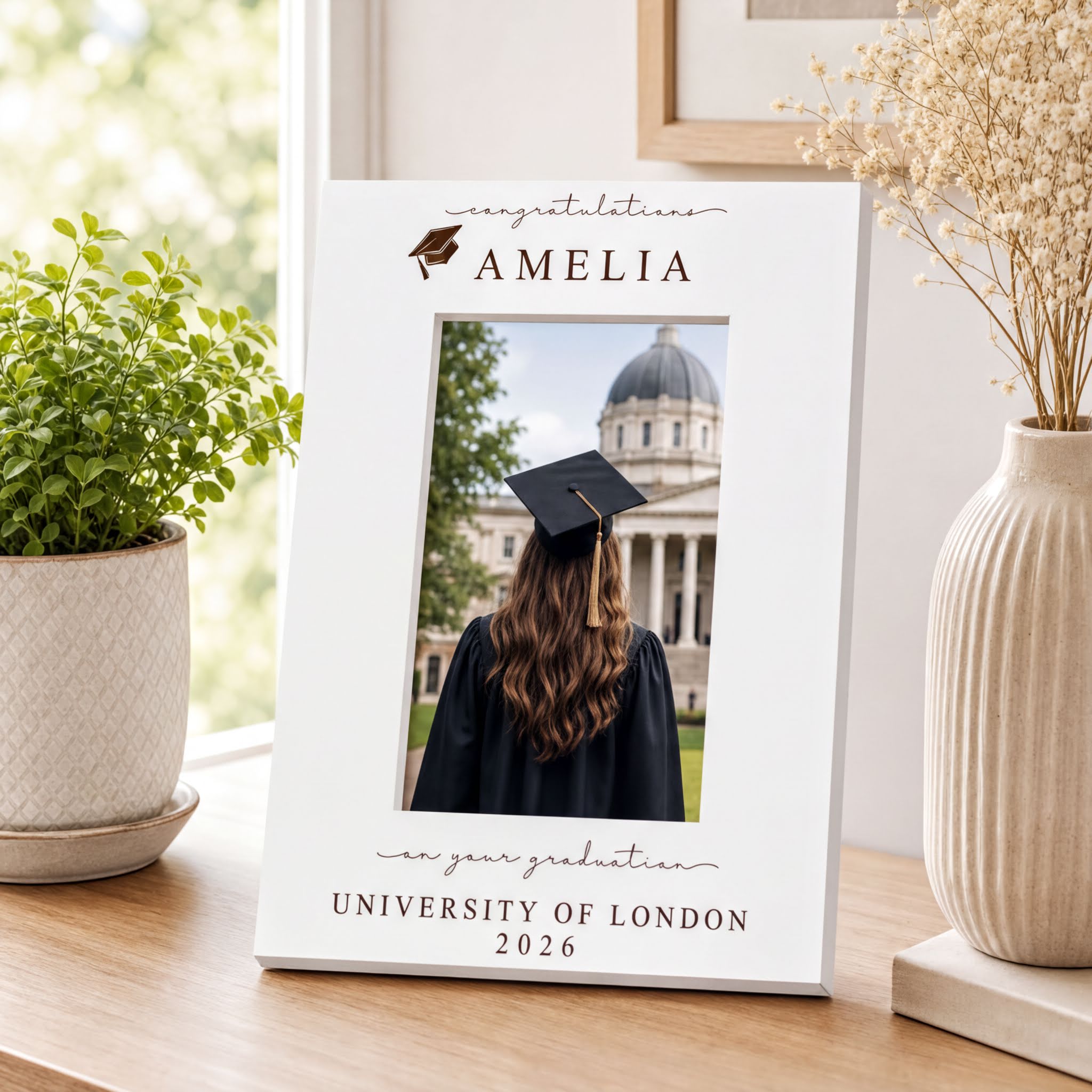 Personalised White Wooden Engraved Graduation Photo Frame Gift For University Graduate ukgiftstoreonline