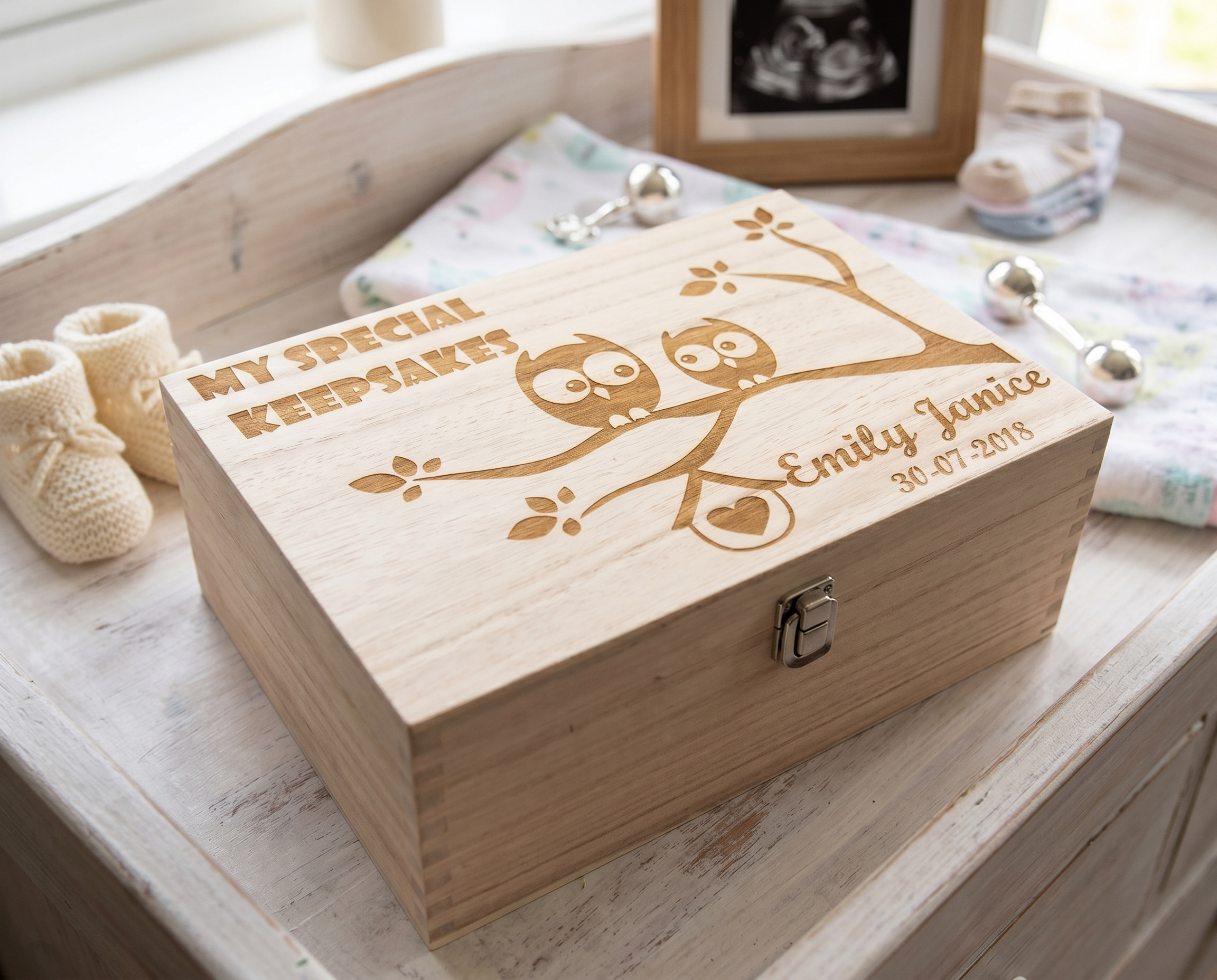 Large Wooden Personalised Owl Design Baby Memories Keepsake Box Keepsake Memory Box Raised Words