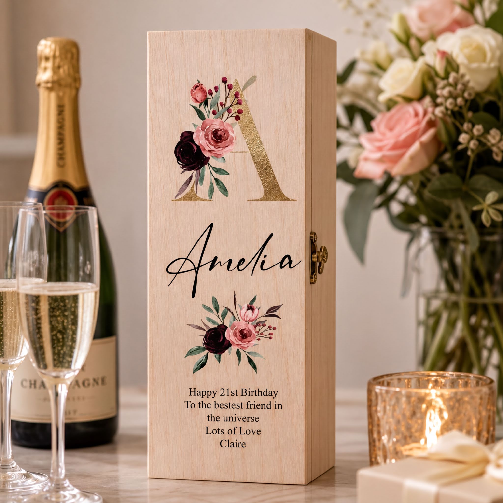 Personalised Monogram and Sentiment Wooden Wine or Champagne Box Gift Champagne Bottle Holders ukgiftstoreonline