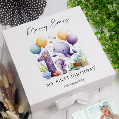Personalised 1st Birthday Keepsake Memory Box Gift With Sea Mammals