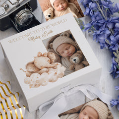 Personalised White Baby Memory Box, Cute Sleeping Animal Design, Keepsake For Special and Favourite Mementos