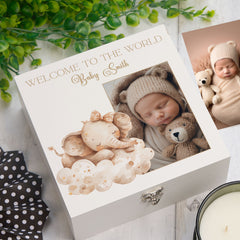 Personalised White Baby Memory Box, Cute Sleeping Animal Design, Keepsake For Special and Favourite Mementos