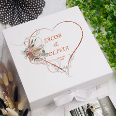 Personalised Wedding Box With Rose Gold Floral Heart and Ribbon