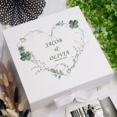 Personalised Wedding Box With Clover Leaf Floral Heart and Ribbon