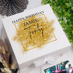 Personalised 40th Birthday Gift Keepsake Memory Box Gold Sparkles Design
