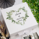 Personalised Wedding Box With Floral Green Leaf Heart and Ribbon