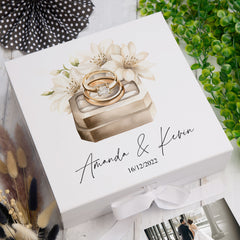 Personalised Wedding Box With Floral Ring Box Design and Ribbon Closure