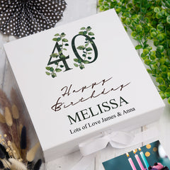Personalised 40th Birthday Green Leaf Design Keepsake Memory Gift Box.