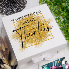 Personalised 13th Birthday Gift Keepsake Memory Box Gold Sparkles Design