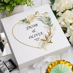 Personalised Wedding Box With Gold Green Leaf Heart and Ribbon