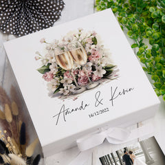 Personalised Wedding Box With Champagne Design and Ribbon Closure