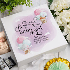 Personalised Baby Girl Memory Box Gift With Ribbon Balloon Design