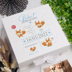 Personalised Baby Boy Memory Box Gift With Ribbon Cute Foxes and Birth Details