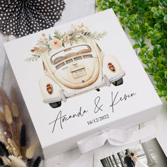 Personalised Wedding Box With Floral Car Design and Ribbon Closure
