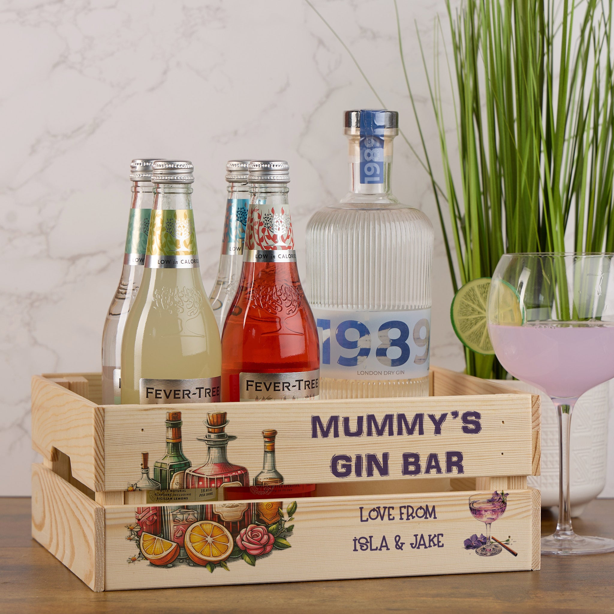 Personalised Gin Bar Treat Hamper Wooden Crate Gift For Her storage crate ukgiftstoreonline