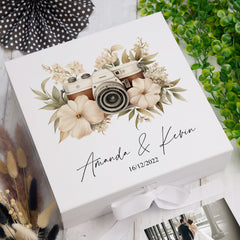 Personalised Wedding Box With Floral Camera Design and Ribbon Closure