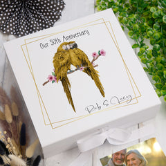 Personalised Our 50th Anniversary Keepsake Memory Box Gift With Golden Parrots