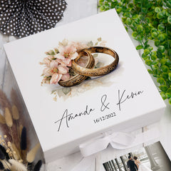 Personalised Wedding Box With Rings Design and Ribbon Closure