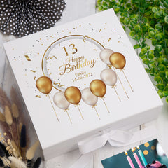 Personalised 13th Birthday Keepsake Box Gift With Gold Balloons