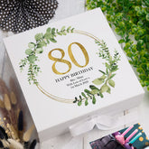 Personalised 80th Birthday Gift for her Keepsake Memory Box Gold Wreath Design