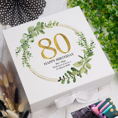 Personalised 80th Birthday Gift for her Keepsake Memory Box Gold Wreath Design