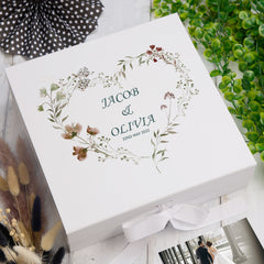 Personalised Wedding Box With Watercolour Floral Heart and Ribbon