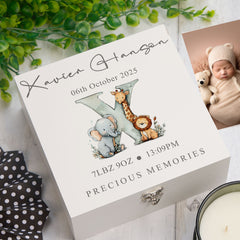 Personalised White Baby Memory Box, With Animal Alphabet Design, Special Baby Keepsake For Photos, Favourite Things and Mementos