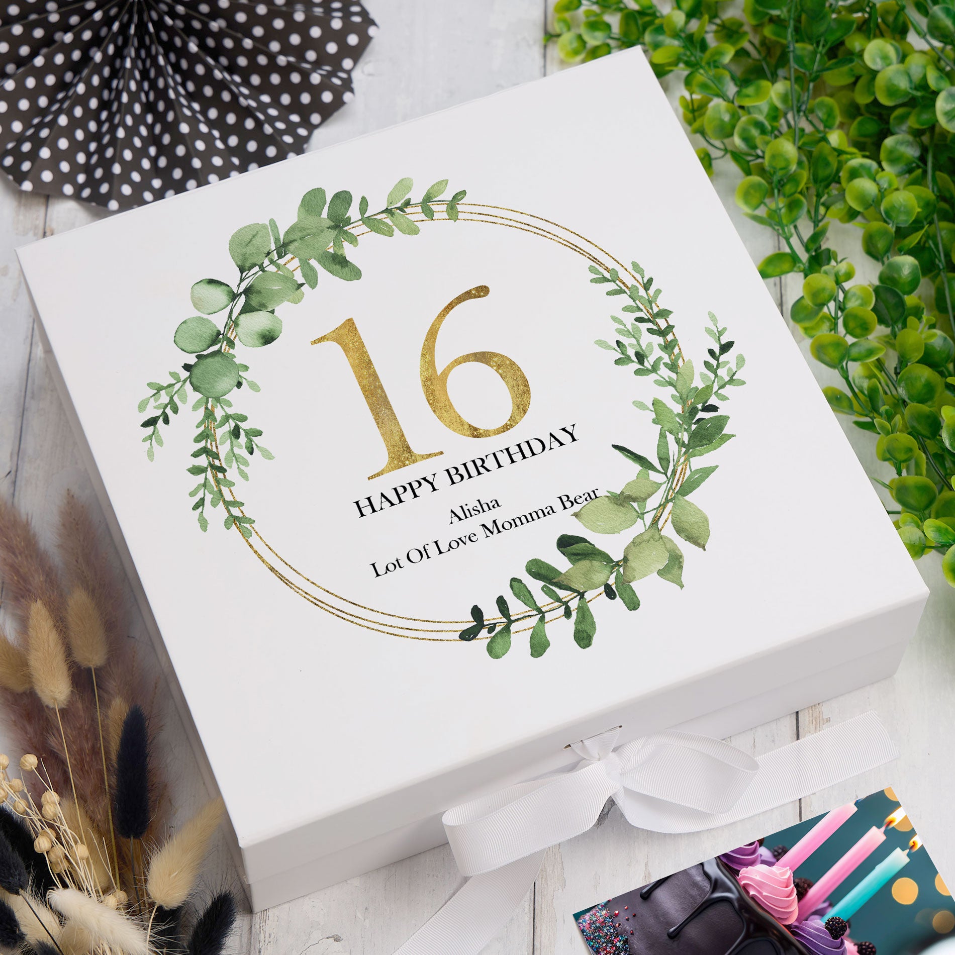 Personalised 16th Birthday Gift for her Keepsake Memory Box Gold Wreath Design Keepsake Memory Box ukgiftstoreonline Large